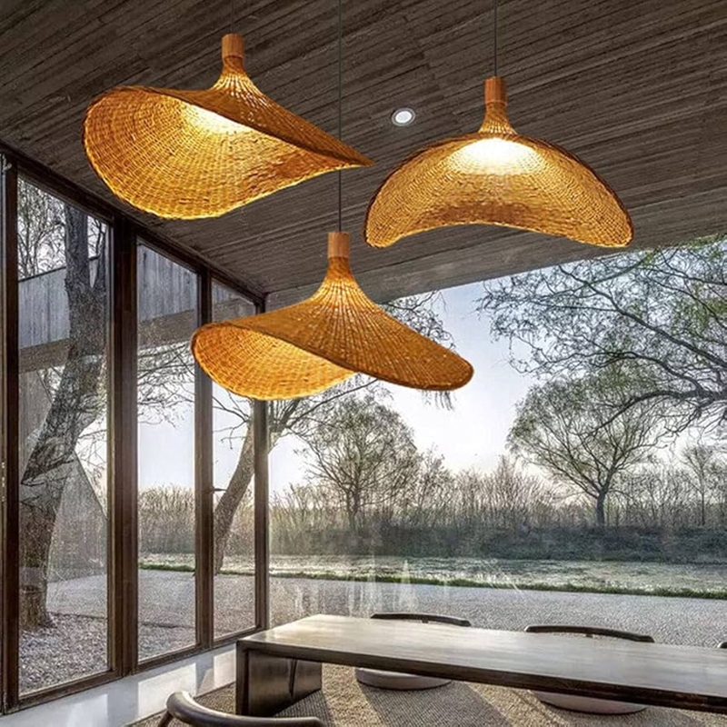 Pendant Light, Woven Straw Hat Shape, Japandi Dining Room Lighting