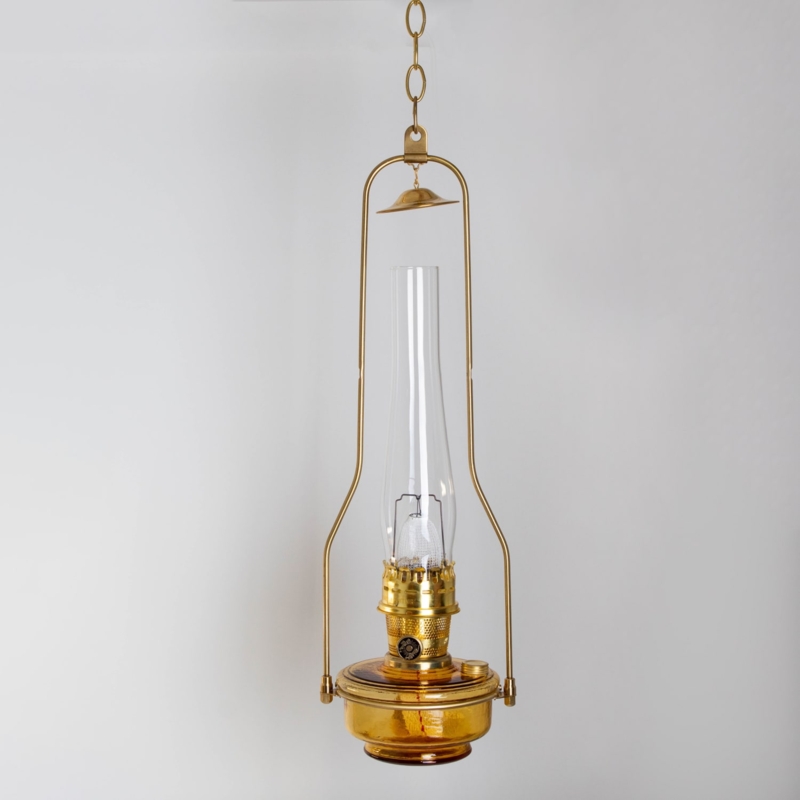 Pendant Oil Lamp Amber Glass Reservoir Polished Brass Frame Smoke Bell
