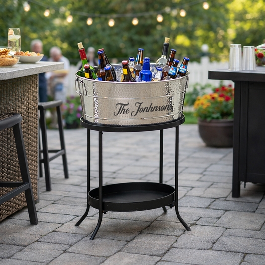 Personalized Beverage Tub Stand Hammered Silver Script Engraving