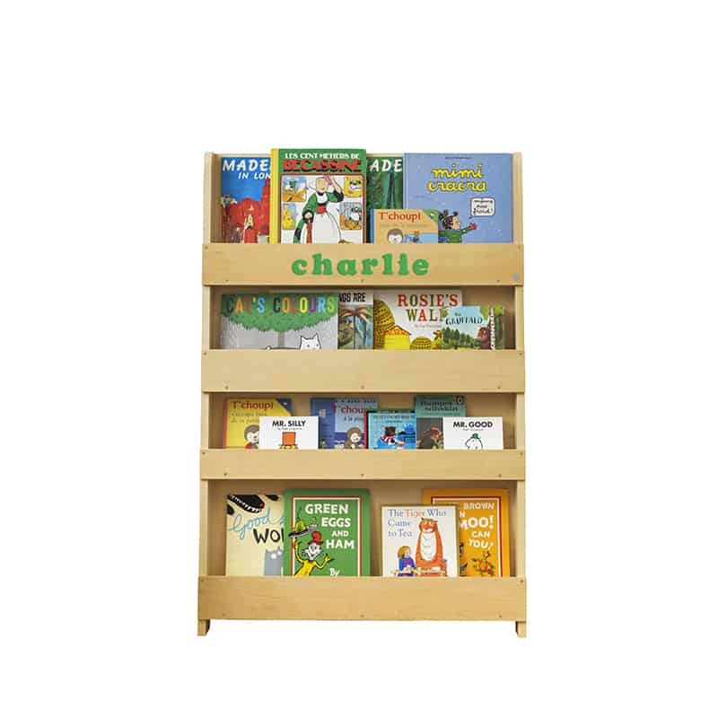 Personalized Kids Bookcase with Front Facing Natural Wood Shelves