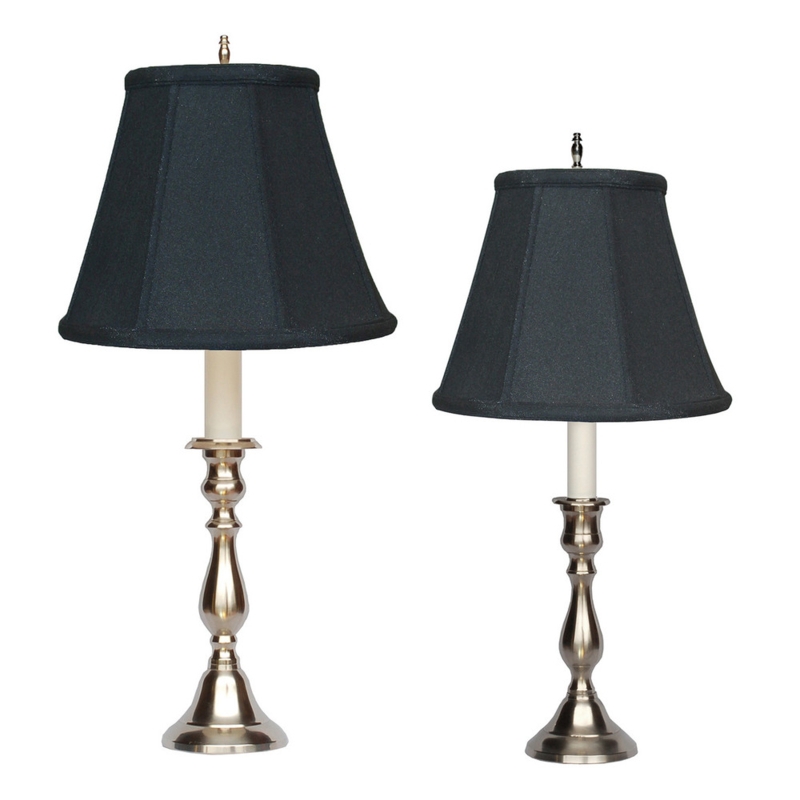 Pewter Candlestick Table Lamp with Black Empire Shade