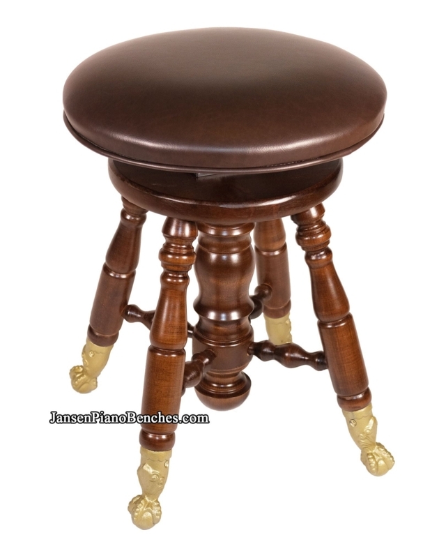 Piano Stool Antique Brass Claw Feet Mahogany Swivel Round Upholstered Top