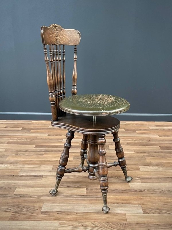 Piano Stool Antique High Spindle Back Victorian Distressed Green Seat