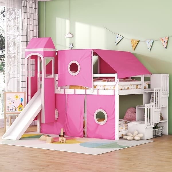Pink Castle Bunk Bed with Tower Canopy, Slide, and Storage Stairs