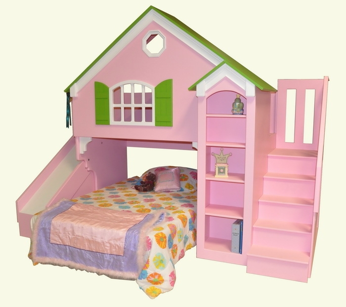 Pink Dollhouse Loft Bed Facade with Built-In Slide and Cottage Shutters