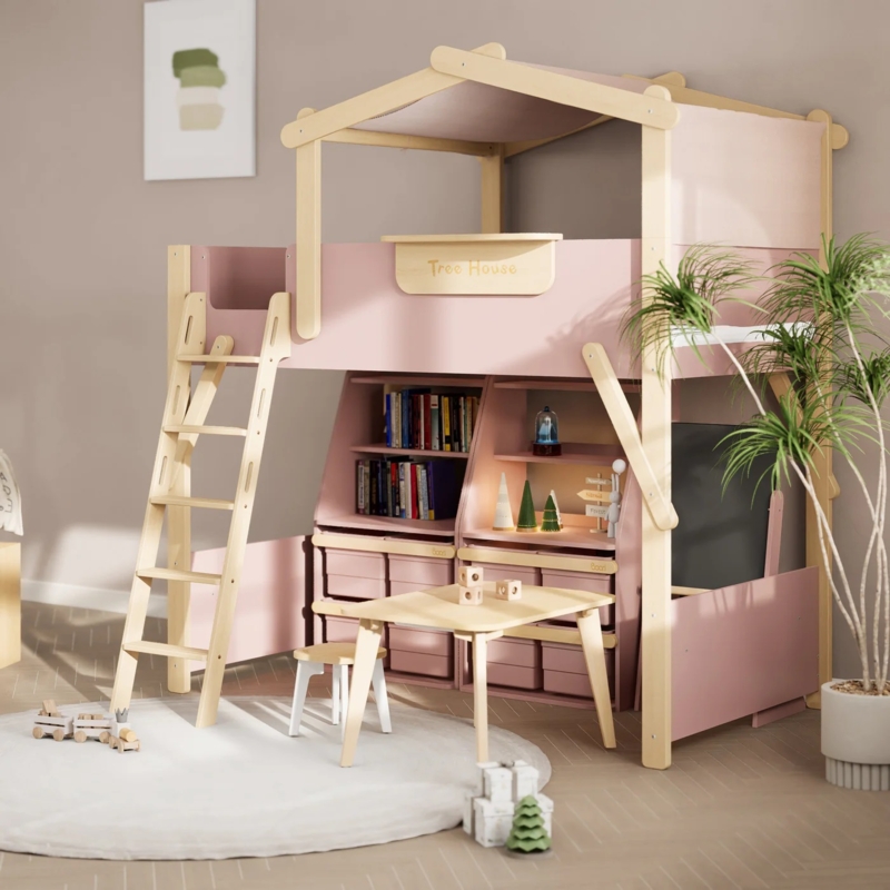 Pink Treehouse Loft Bed with Pitched Roof, Desk and Fabric Canopy