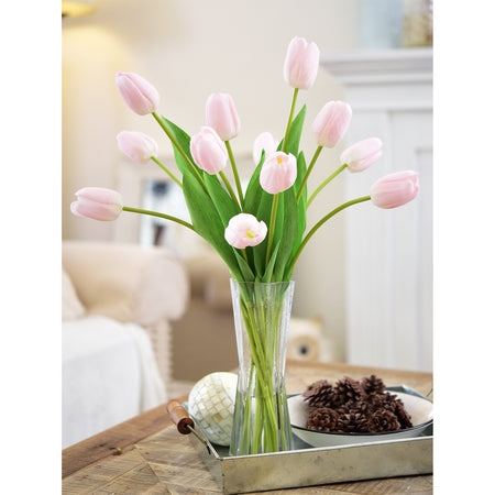 Pink Tulips, Fluted Glass Vase, Long Stems, Pastel Spring Centerpiece