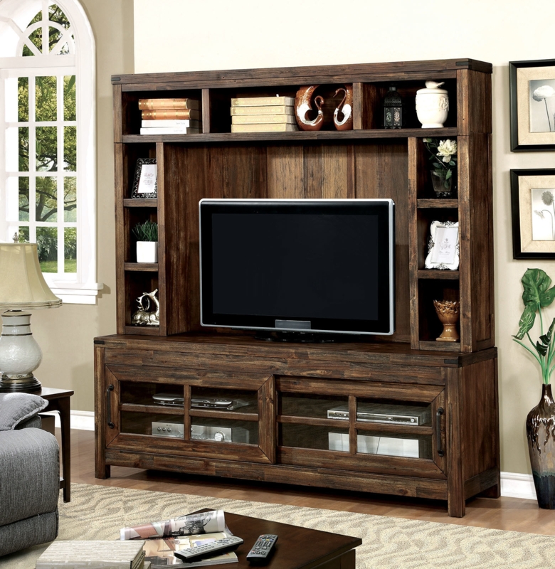 Plank Back TV Console: Distressed Dark Walnut, Sliding Glass Doors.