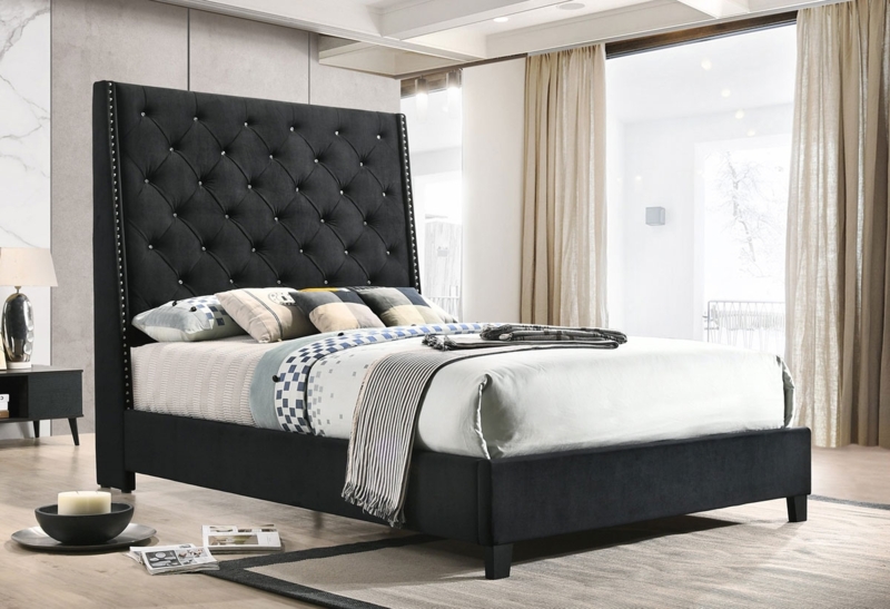 Platform Bed Crystal Button Tufting Extra Tall Wingback Velvet