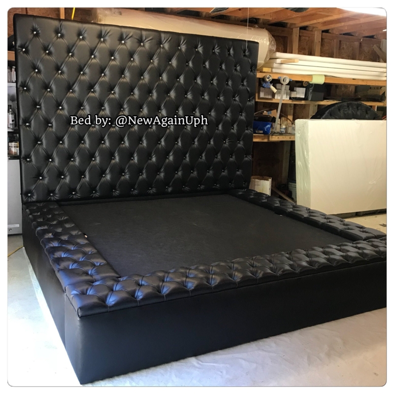 Platform Bed Extra Tall Faux Leather Diamond Tufting Crystal Accents