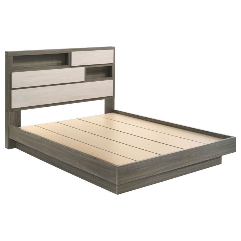 Platform Bed Grey Oak Asymmetric Shelving Two Tone Low Profile