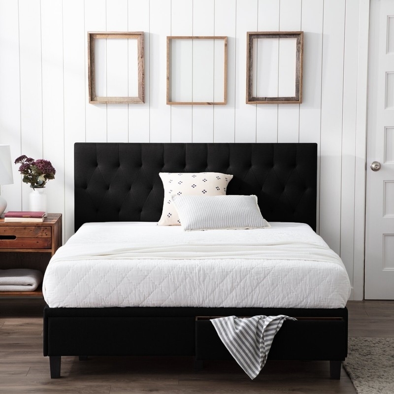Platform Bed Integrated Storage Drawer Button Tufted Modern Farmhouse
