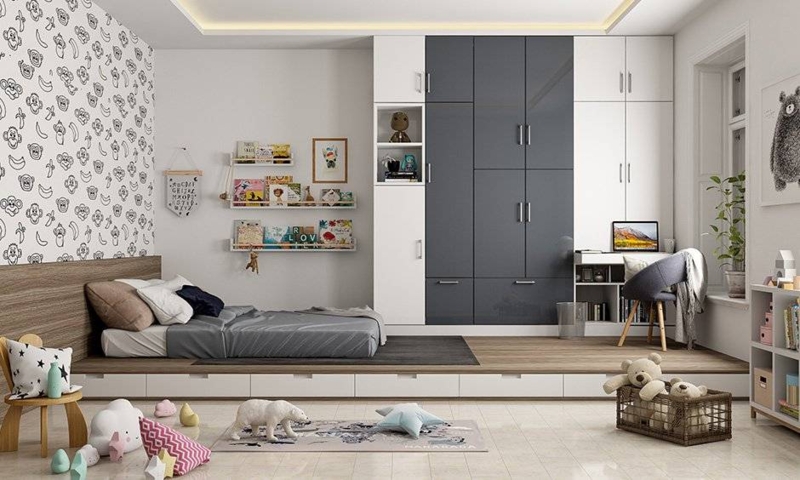 Platform Bed Suite Slate Grey Integrated Storage Built In Desk