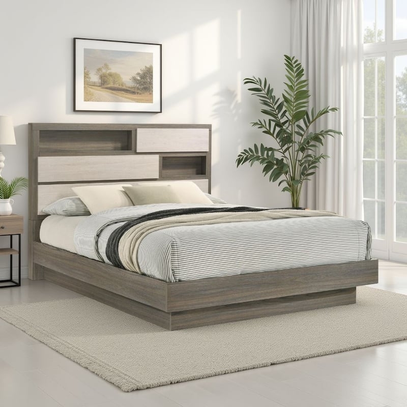 Platform Bed Weathered Gray Geometric Paneling Hidden Storage Modern