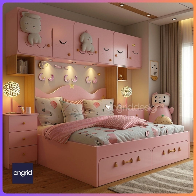 Platform Bed Whimsical Modern Dusty Pink Overhead Storage Drawers