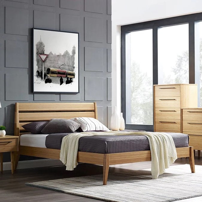 Platform Bed with Caramelized Finish and Slatted Headboard Design