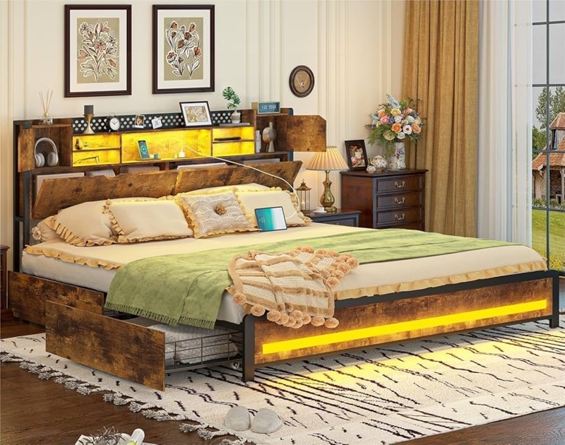 Platform Bed with Under-Bed Drawers, LED Lighting, Vintage Brown.