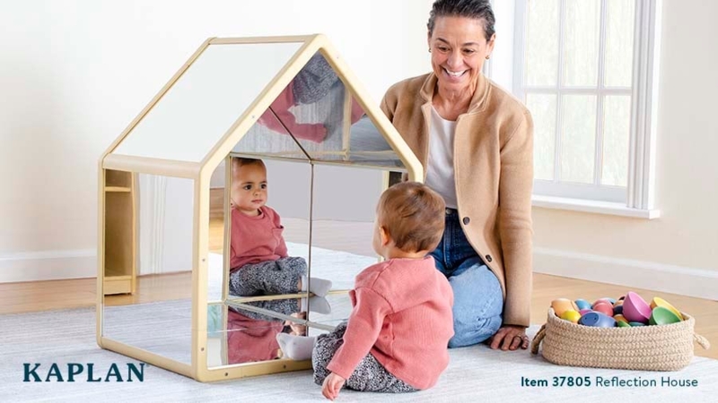 Play House Mirror with Five Sided Interior Reflections and Wood Frame