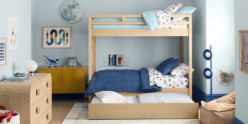 Playful Bunk Bed Light Oak Trundle Base Curved Wood Dresser
