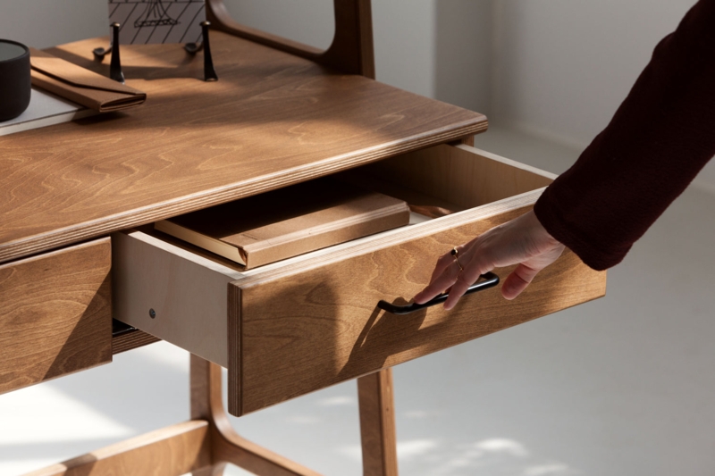 Plywood Desk Scandinavian Exposed Layers Slim Black Hardware