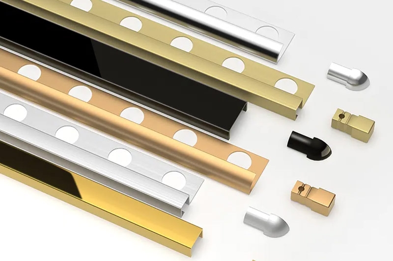 Polished Gold, Matte Black, and Brushed Silver Metal Tile Trim Profiles