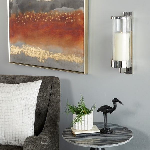 Polished Silver Pillar Candleholder Modern Glass Cylinder Shade