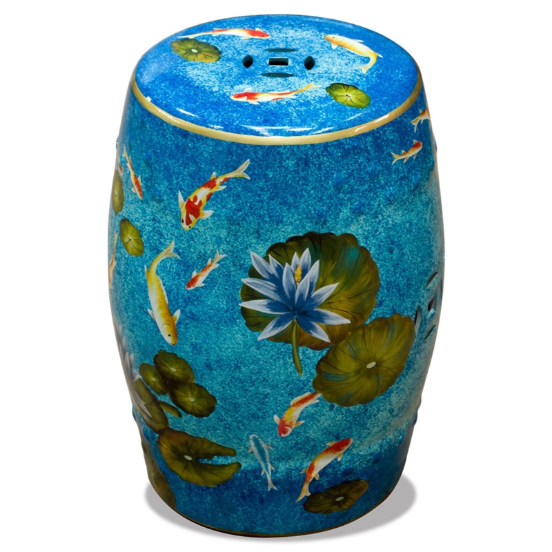 Porcelain Garden Stool with Ultramarine Koi Pond Motif