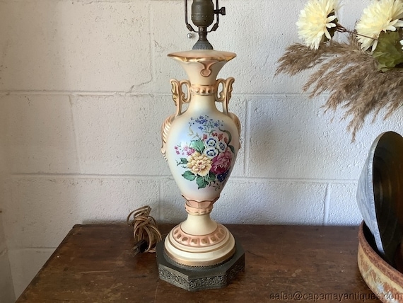 Porcelain Lamp Antique Bisque Hand Painted Flowers Filigree Base