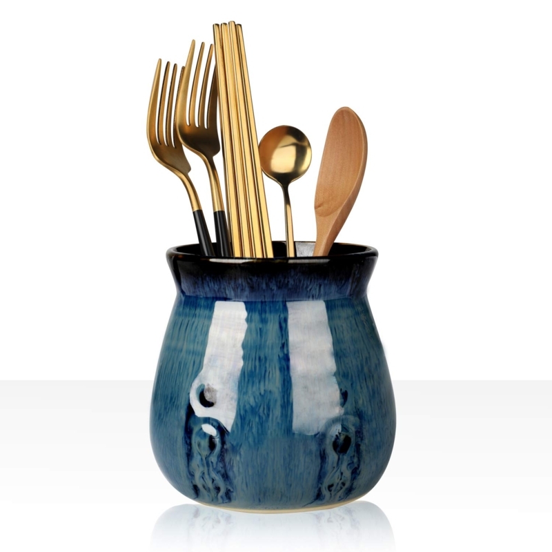 Porcelain Utensil Crock, Glossy Gradient Blue Reactive Glaze