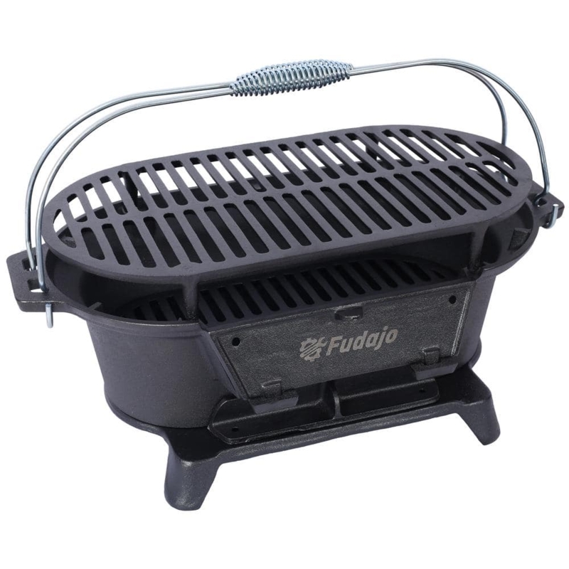 Portable Charcoal Grill Cast Iron Heat Dispersing Coil Grip Handle