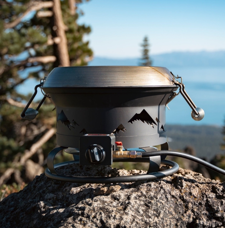 Portable Gas Grill Bronze Toned with Decorative Mountain Silhouettes