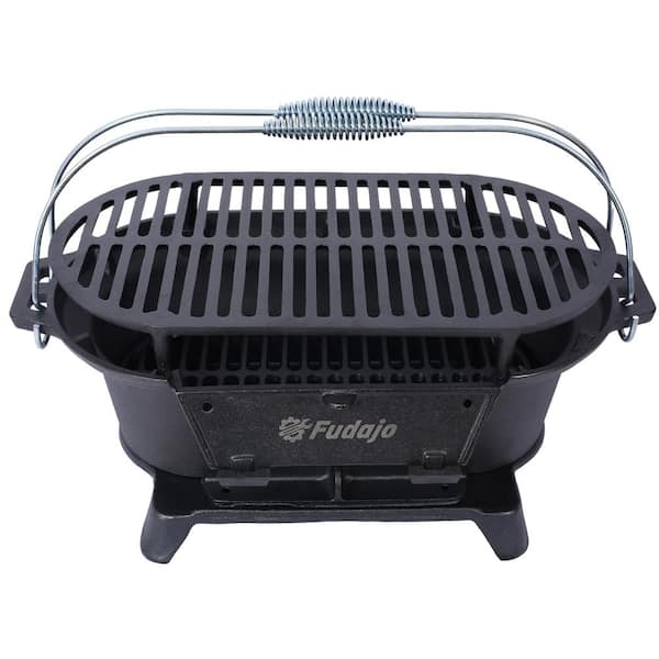 Portable Grill, Coiled Spring Handle, Matte Black Cast Iron