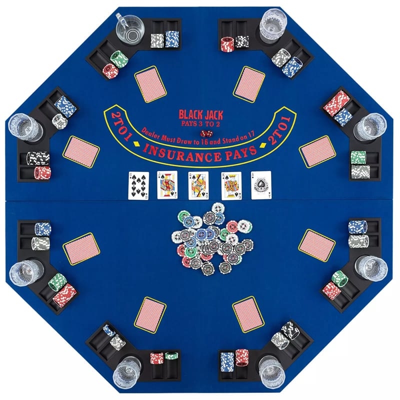 Portable Poker Table Top with Integrated Player Stations and Blue Felt