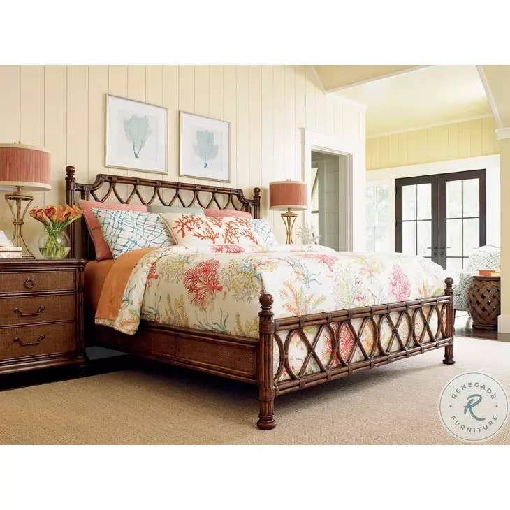 Poster Bed Lattice Headboard, Rattan Inlays, Rattan Lattice Poster Bed