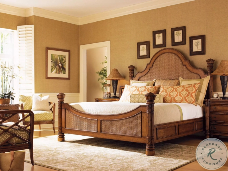 Poster Bed with Arched Rattan Cane Panels, British Colonial Bedroom Set