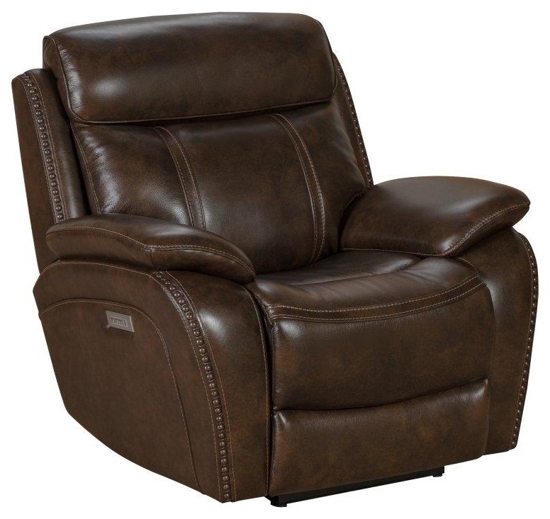 Power Recliner Distressed Brown with Overstuffed Cushions & Nailheads