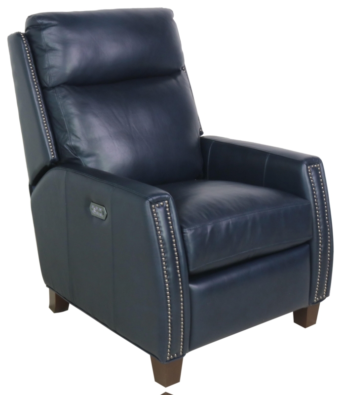 Power Recliner Navy Blue Leather with Track Arms & Nailhead Trim