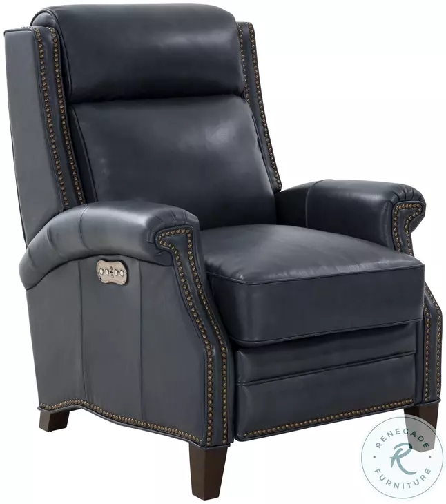 Power Recliner Traditional Navy Leather with Brass Nailhead Trim