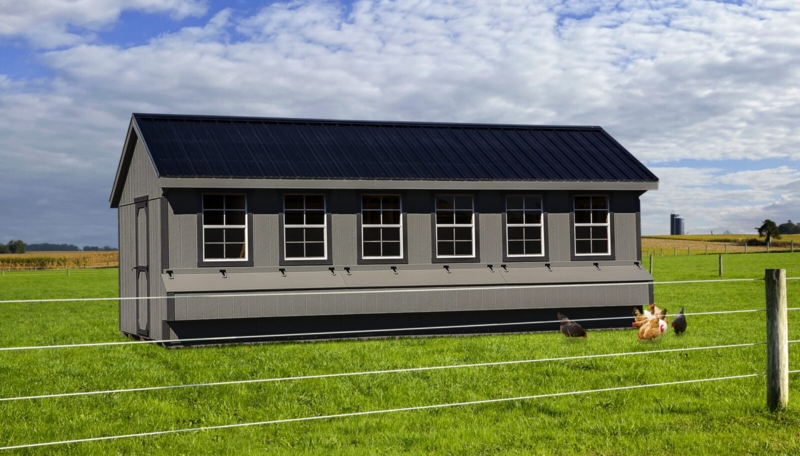 Prefab Chicken Coop Charcoal and White Six Grid Windows