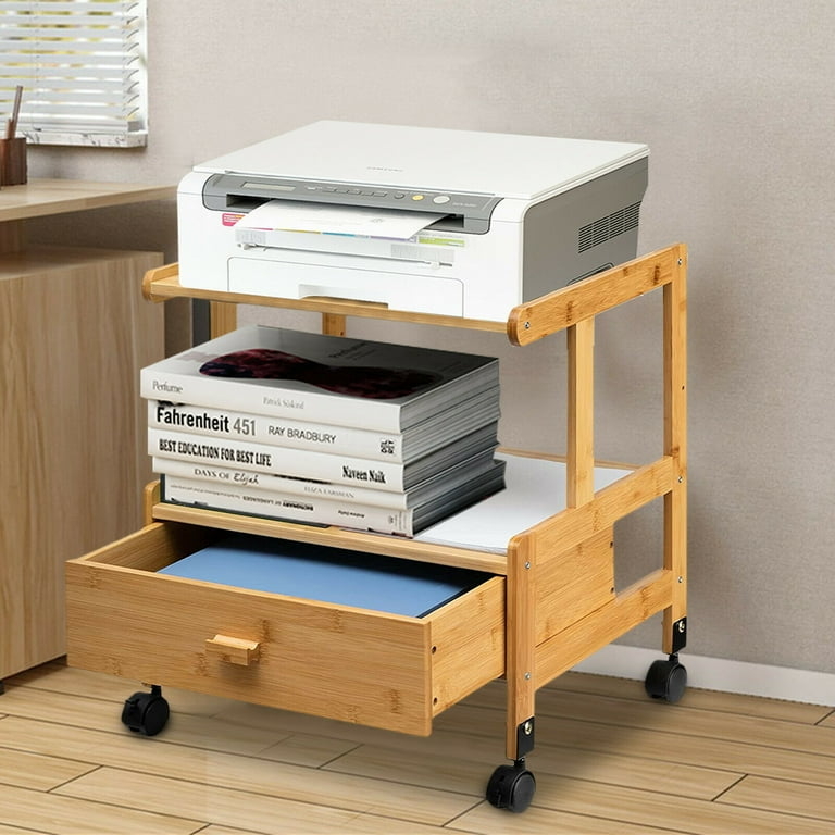 Printer Cart Bamboo Rolling 3-Tier Stand with Pull-Out Drawer Storage