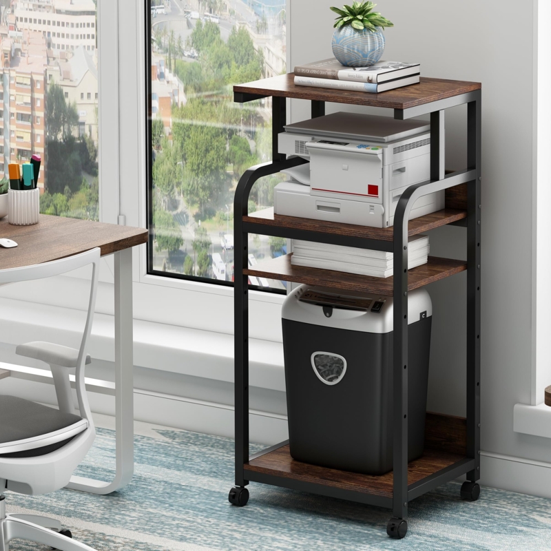 Printer Stand 4-Tier Rustic Brown Rolling Cart with Curved Frame