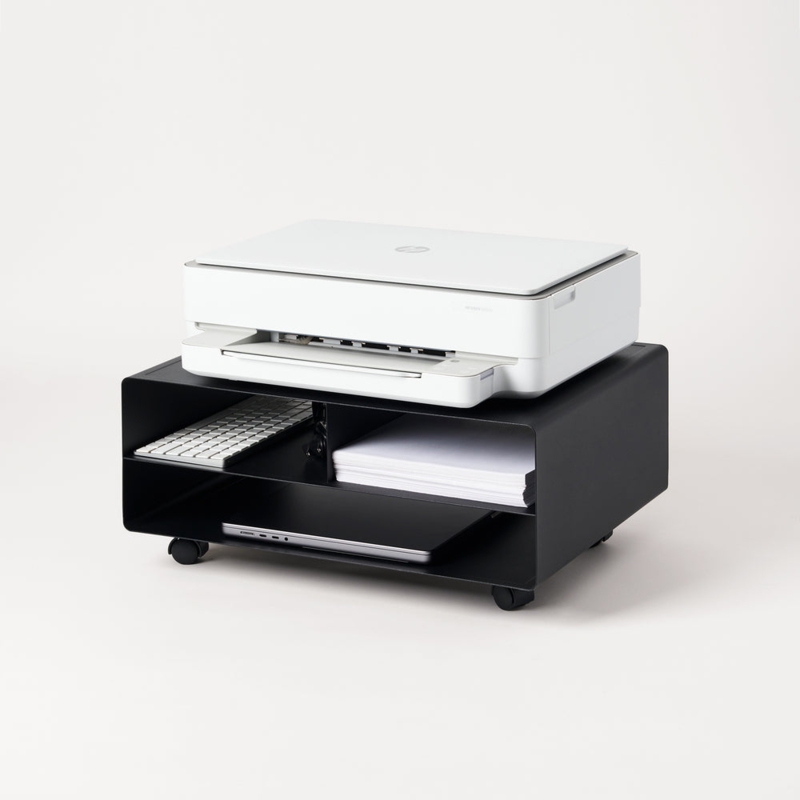 Printer Stand Matte Black Steel Rolling Cart with Divided Shelf Storage