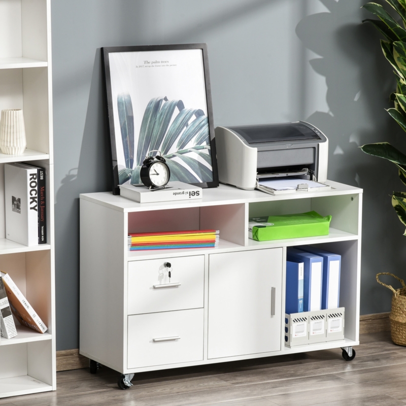 Printer Stand Mobile White Cabinet with Locking Drawer Office Storage