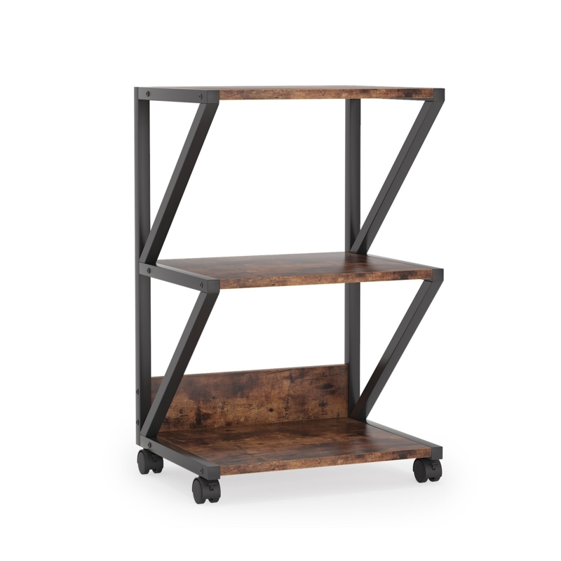 Printer Stand Rustic Wood 3-Tier Mobile Storage with Z-Shaped Frame