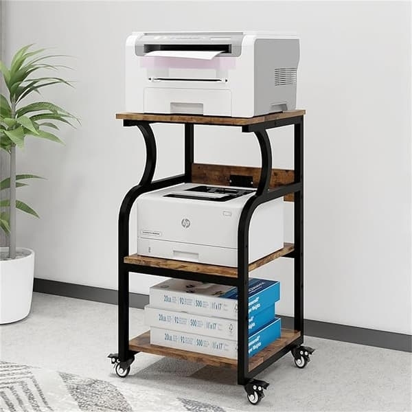 Printer Stand Rustic Wood Industrial Rolling Cart with S-Curved Sides