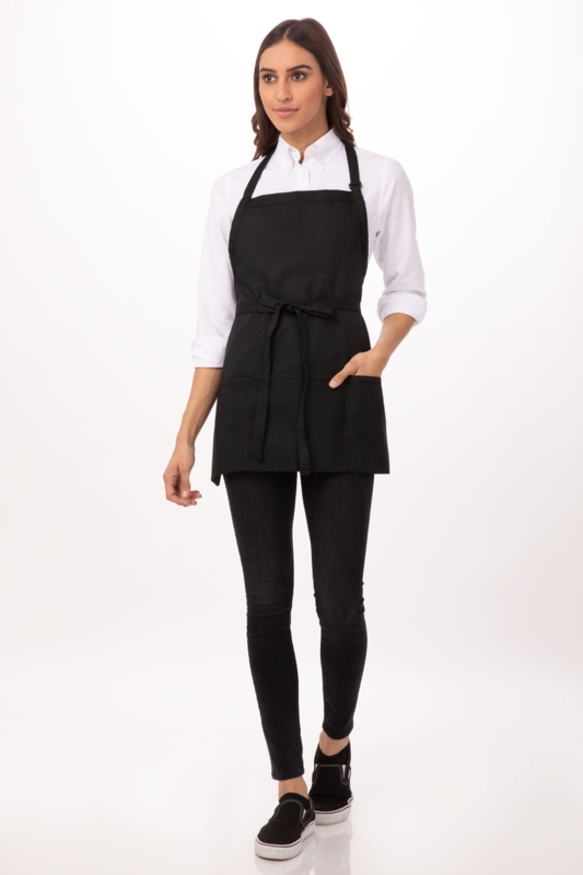 Professional Bib Apron, Three Front Pockets, Matte Black Finish