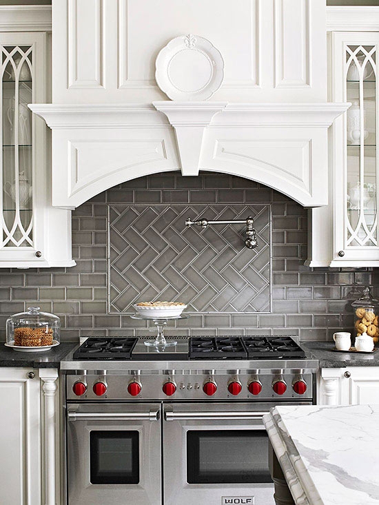 Professional Gas Range with Herringbone Tile Kitchen Backsplash Inset