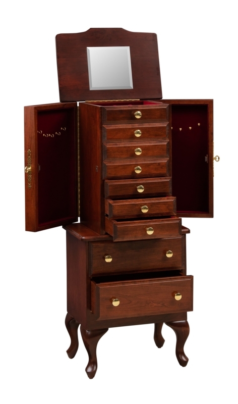 Queen Anne Jewelry Armoire with Cabriole Legs and Red Felt Lining