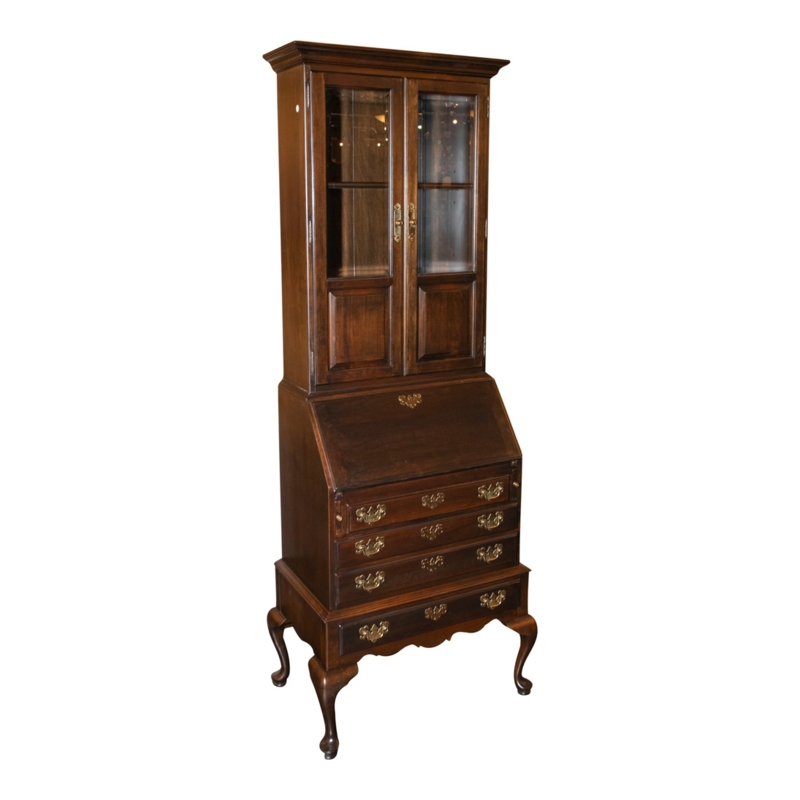 Queen Anne Secretary Desk with Cabriole Legs and Glass Hutch