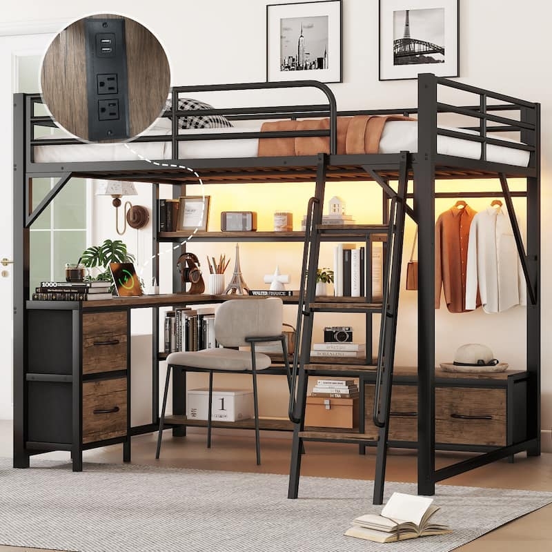 Queen Loft Bed with Desk, Mood Lighting and Charging Station